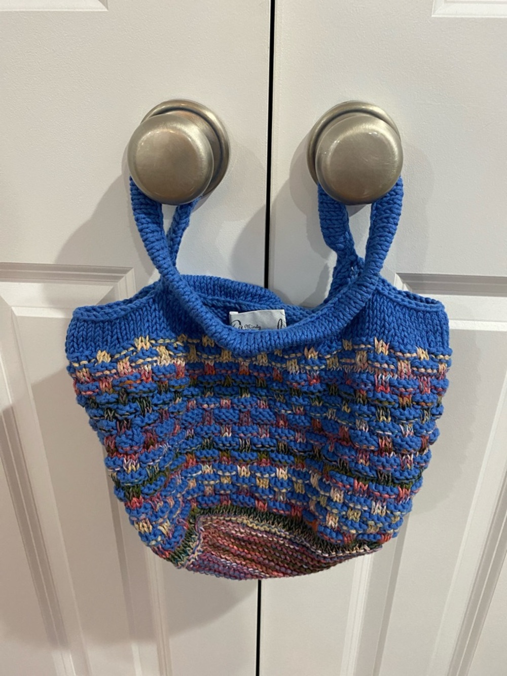 VINTAGE Mindy Original Hand-Knit Blue Multicolor Crochet Collectible Tote Bag ✨